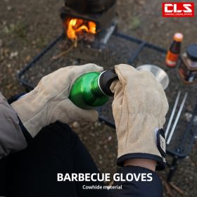 Outdoor picnic BBQ gloves camping fire barbecue cowhide heat insulation thickening wear pigskin breathable labor protection gloves (select: Khaki-Cowhide)